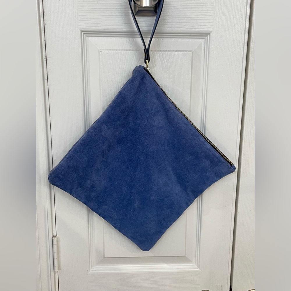 NWOT- VITTORIA NAPOLI Blue Suede Zippered Purse- 13” x 13” Sq. w/ 7” Strap $175